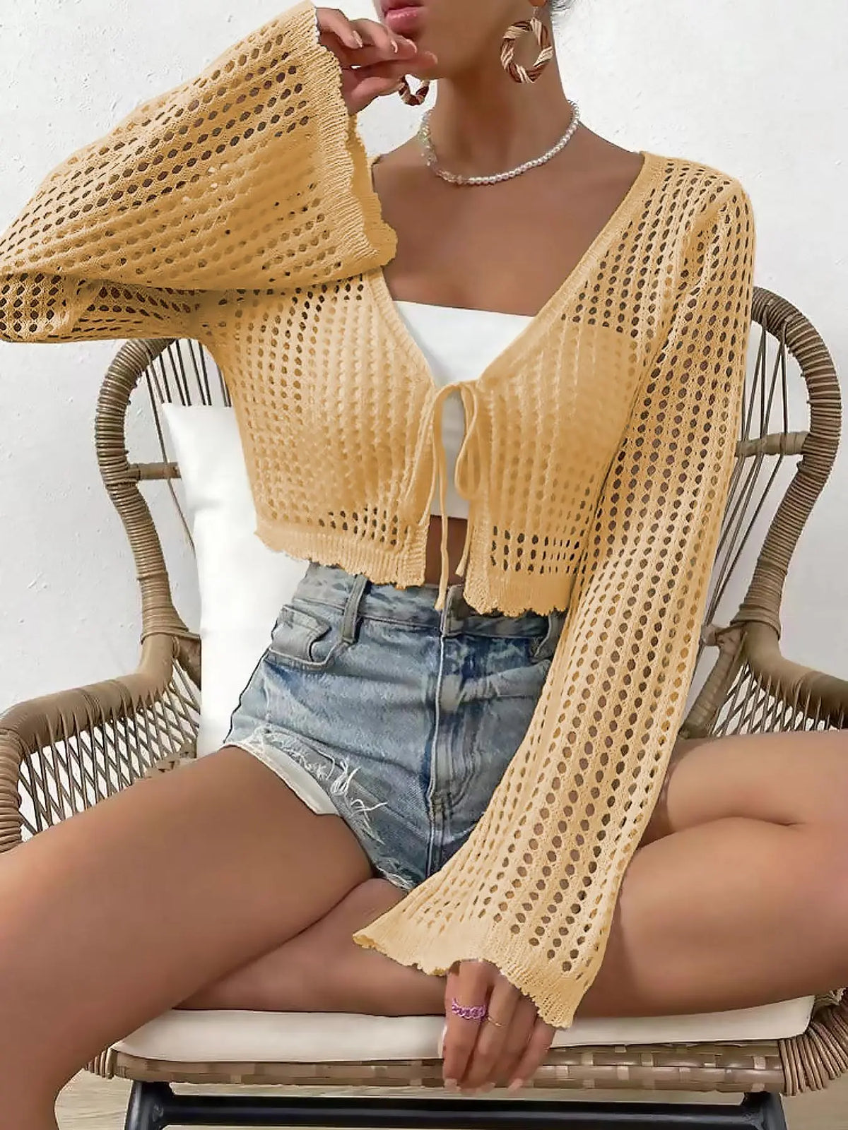 Women's Plain Hollow Out Tie Front Crop Cardigan, Casual Flounce Sleeve V Neck Cover Up Knitwear Tops for Spring & Fall, Summer Outfits 2026, Women's Knit Clothing for Daily Wear-4