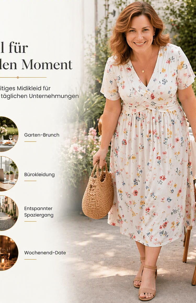 🌸🔥50% RABATT!🔥🔥Blumiges V-Ausschnitt-Kleid mit Taillendrehung – elegant und lässig für jeden Anlass-20
