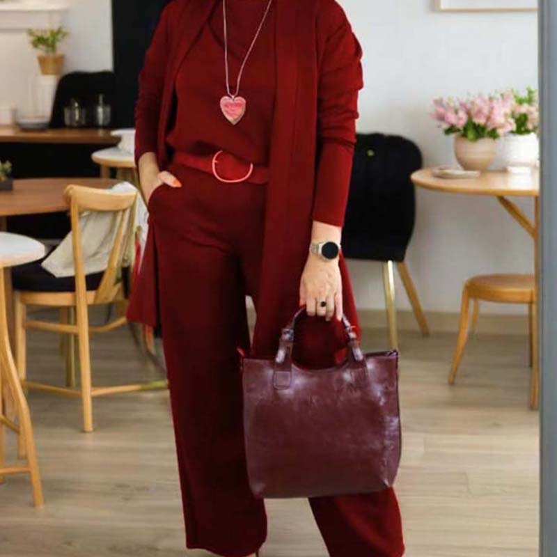 ⏳Zeitlich begrenztes Sonderangebot⏰ Elegantes 3-teiliges Set bestehend aus langem Cardigan, Oberteil und Hose💞-11