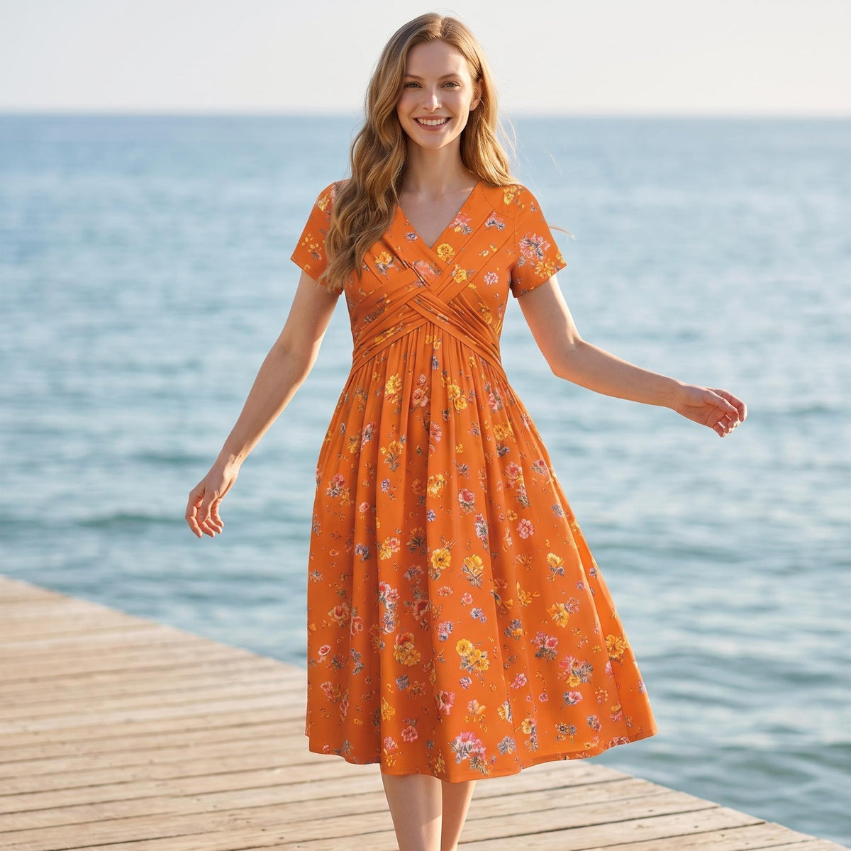 🔥Heißer Verkauf 50% Rabatt🔥👗Damenkleid mit V-Ausschnitt, Blumenmuster und gedrehter Taille✨