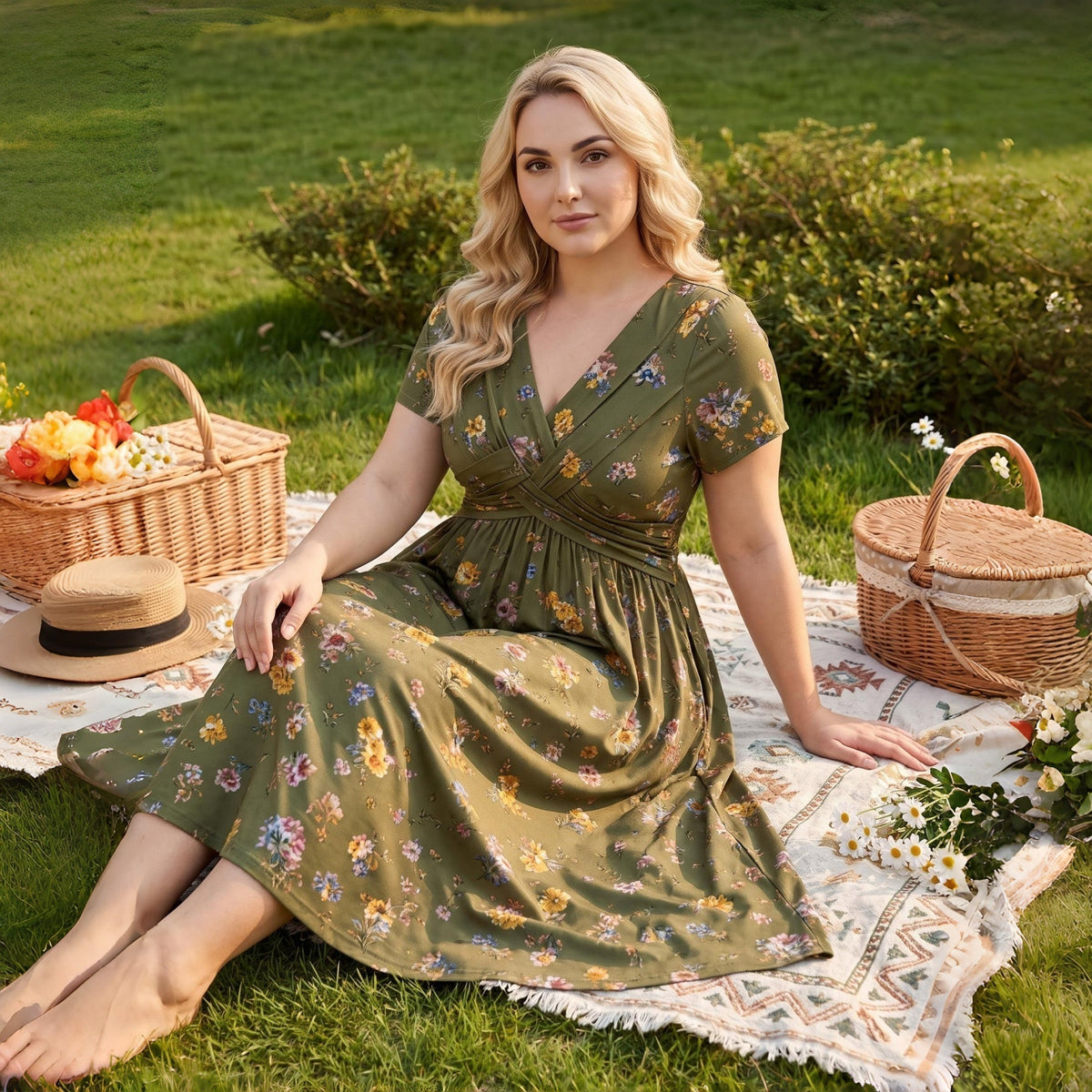 🔥Heißer Verkauf 50% Rabatt🔥👗Damenkleid mit V-Ausschnitt, Blumenmuster und gedrehter Taille✨
