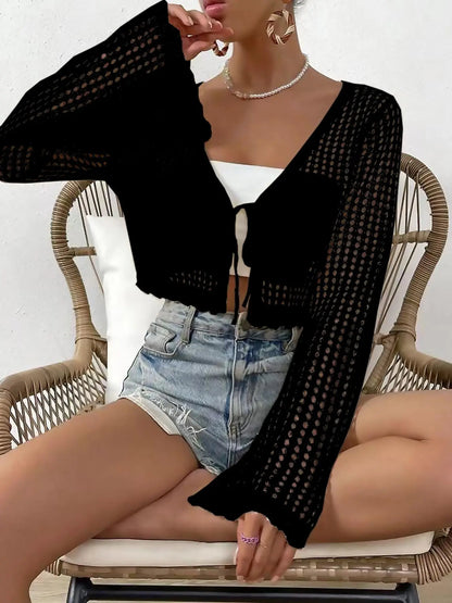Women's Plain Hollow Out Tie Front Crop Cardigan, Casual Flounce Sleeve V Neck Cover Up Knitwear Tops for Spring & Fall, Summer Outfits 2026, Women's Knit Clothing for Daily Wear-1