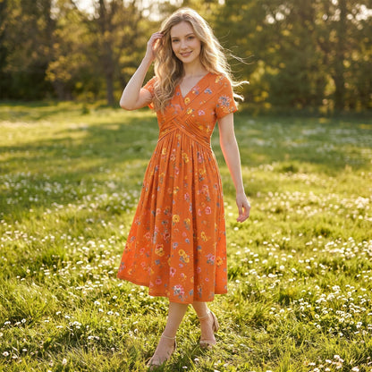 🔥Heißer Verkauf 50% Rabatt🔥👗Damenkleid mit V-Ausschnitt, Blumenmuster und gedrehter Taille✨