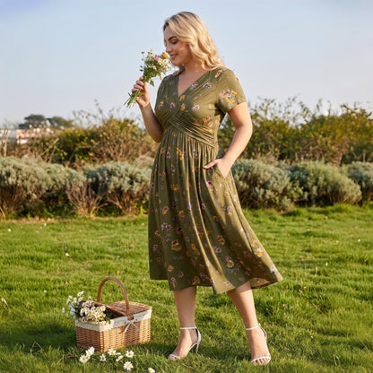 🔥Heißer Verkauf 50% Rabatt🔥👗Damenkleid mit V-Ausschnitt, Blumenmuster und gedrehter Taille✨