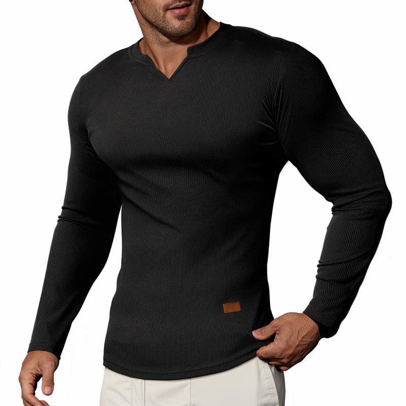 Herren-T-Shirt mit Stretch-Ripp🔥 – V-Ausschnitt, lange Ärmel, bequem
