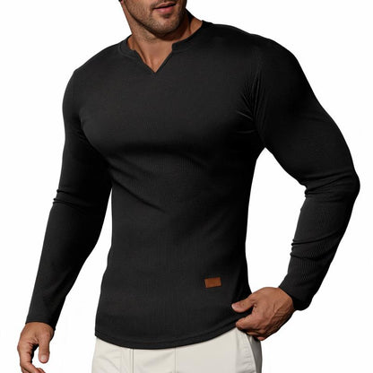 Herren-T-Shirt mit Stretch-Ripp🔥 – V-Ausschnitt, lange Ärmel, bequem