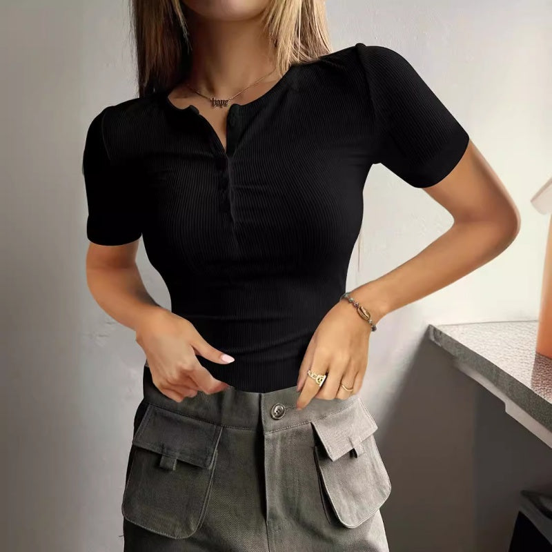 Damen Kurzarm-Henley-Shirt aus Rippstrick