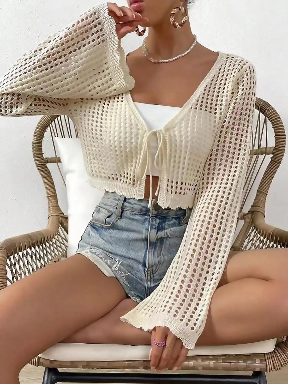 Women's Plain Hollow Out Tie Front Crop Cardigan, Casual Flounce Sleeve V Neck Cover Up Knitwear Tops for Spring & Fall, Summer Outfits 2026, Women's Knit Clothing for Daily Wear-2