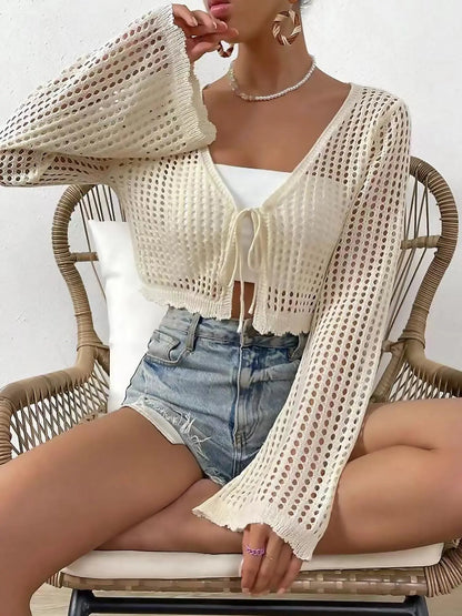 Women's Plain Hollow Out Tie Front Crop Cardigan, Casual Flounce Sleeve V Neck Cover Up Knitwear Tops for Spring & Fall, Summer Outfits 2026, Women's Knit Clothing for Daily Wear-2