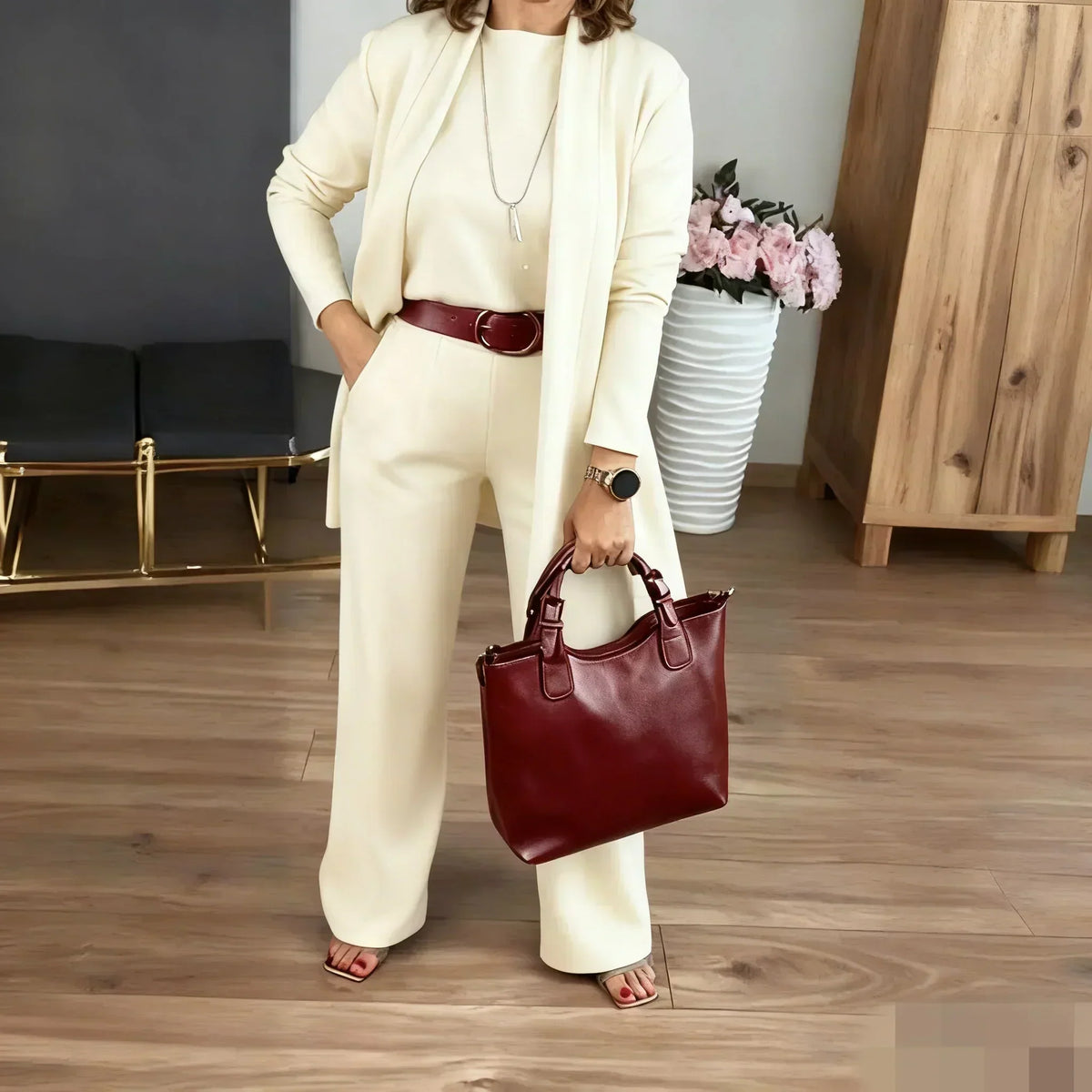 ⏳Zeitlich begrenztes Sonderangebot⏰ Elegantes 3-teiliges Set bestehend aus langem Cardigan, Oberteil und Hose💞-19