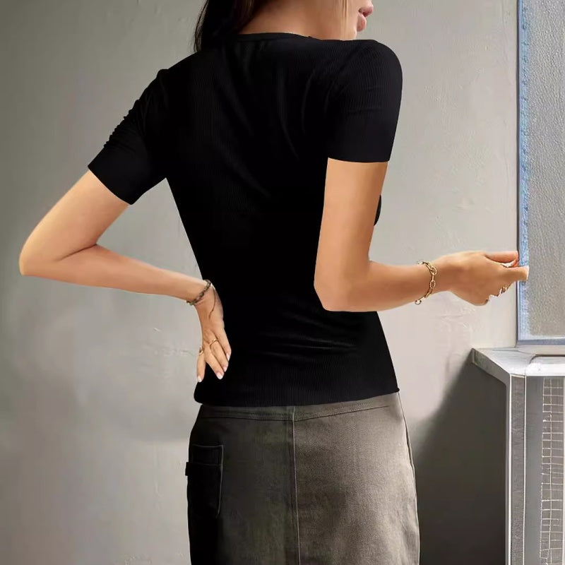 Damen Kurzarm-Henley-Shirt aus Rippstrick-8