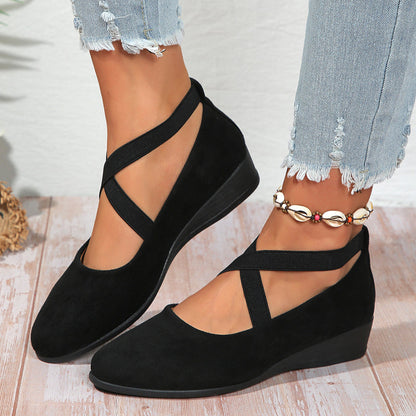 💃🔥Letzter Tag Promotion 50% Rabatt🔥Elegante feste Farbe elastische Riemen niedrige Keilschuhe-3
