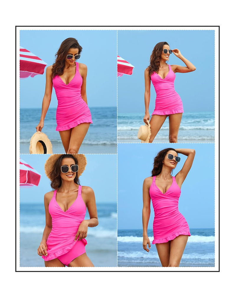 🌷Urlaubsangebot 50% Rabatt 👙Badeanzug mit tiefem V und gerafftem Rücken-6