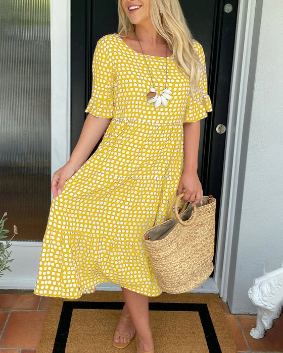 🎁Gran liquidación 2026: 50% de descuento🎁Vestido midi de cuello redondo con estampado de lunares