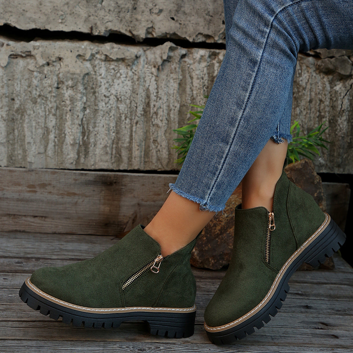 🥾 Damenschuhe trendig und komfortabel, runde Spitze mit Zip 🌟👢-15