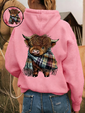 🐮 50% RABATT!!🎁Niedliches Kapuzensweatshirt mit kuscheligem Fleecefutter, Highland-Kuh-Motiv-10