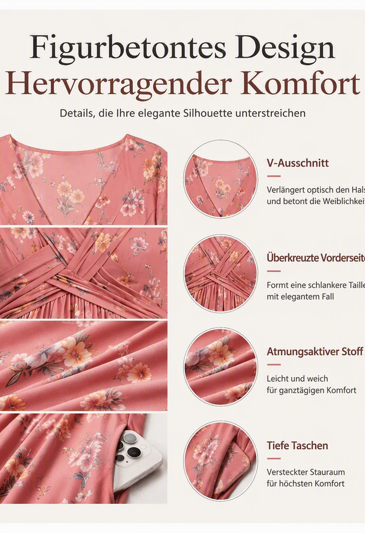 🌸🔥50% RABATT!🔥🔥Blumiges V-Ausschnitt-Kleid mit Taillendrehung – elegant und lässig für jeden Anlass-1