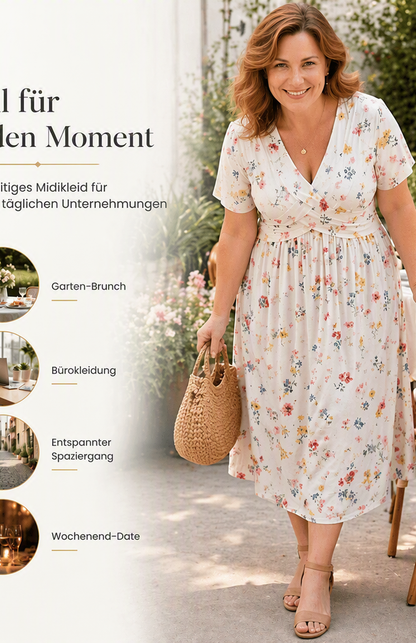 🌸🔥50% RABATT!🔥🔥Blumiges V-Ausschnitt-Kleid mit Taillendrehung – elegant und lässig für jeden Anlass-20