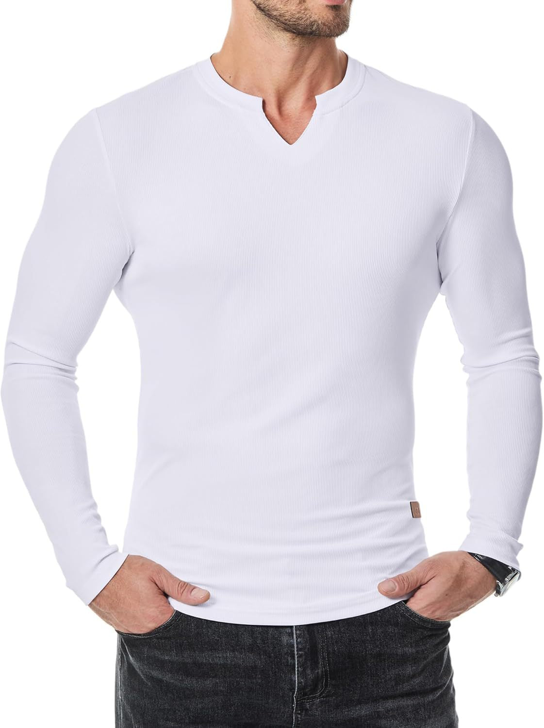 Herren-T-Shirt mit Stretch-Ripp🔥 – V-Ausschnitt, lange Ärmel, bequem-7