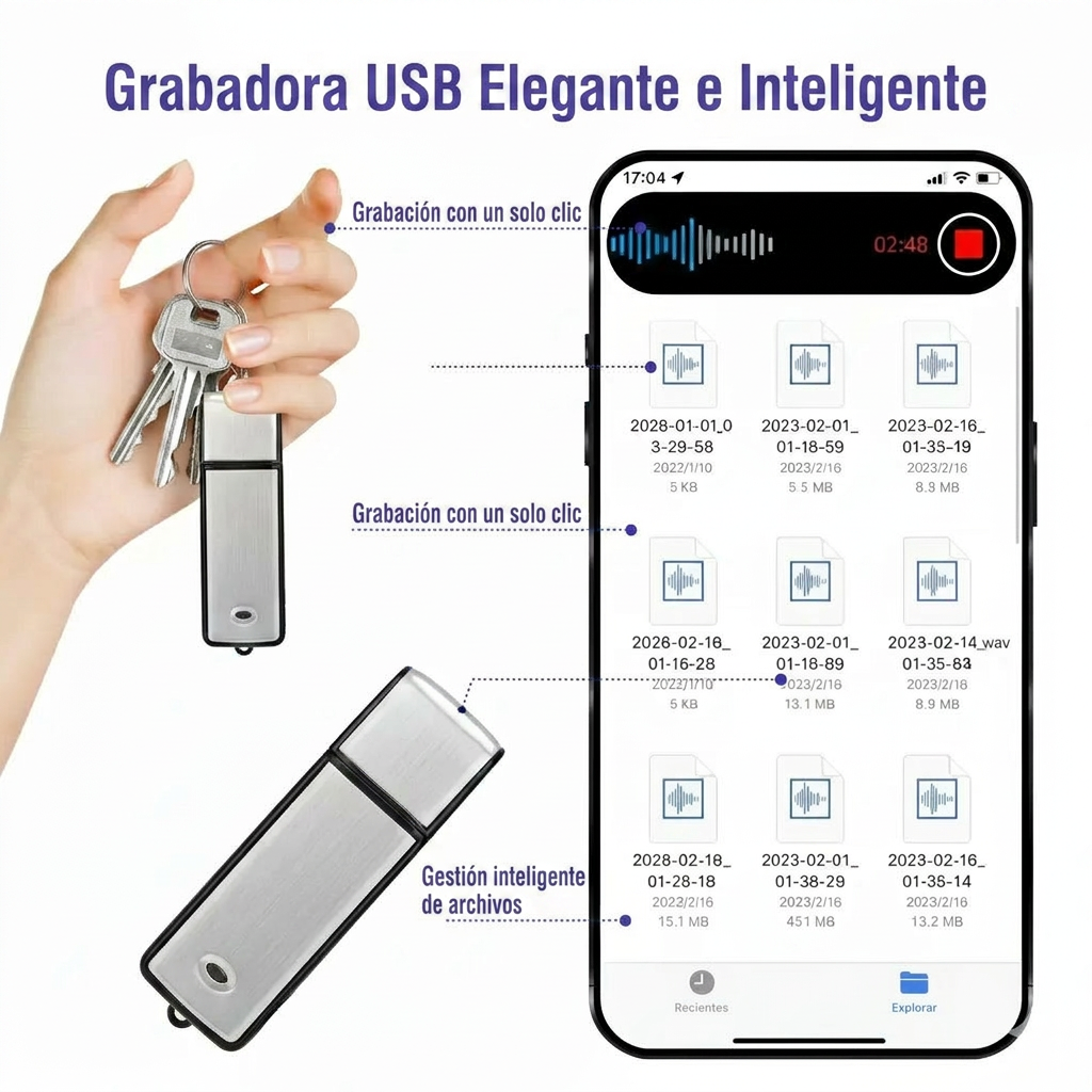 Unidad Flash USB Grabadora de Voz 2 en 1 – Activada por Voz, Reducción Inteligente de Ruido, Guardado Automático de Archivos