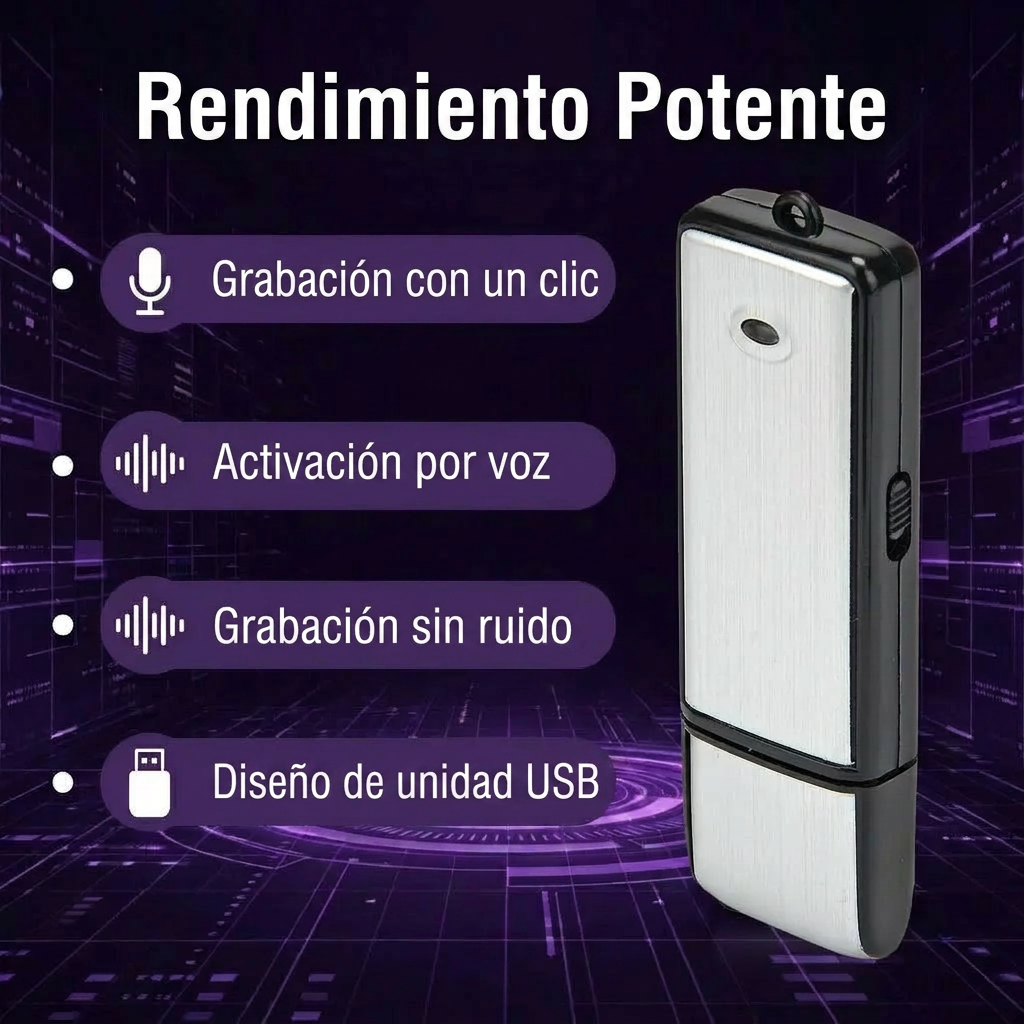 Unidad Flash USB Grabadora de Voz 2 en 1 – Activada por Voz, Reducción Inteligente de Ruido, Guardado Automático de Archivos