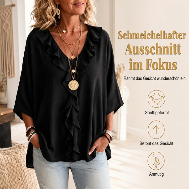 🏆 Verkaufsschlager – jetzt halber Preis! Lässige Damenbluse mit V-Ausschnitt und Rüschenbesatz-1