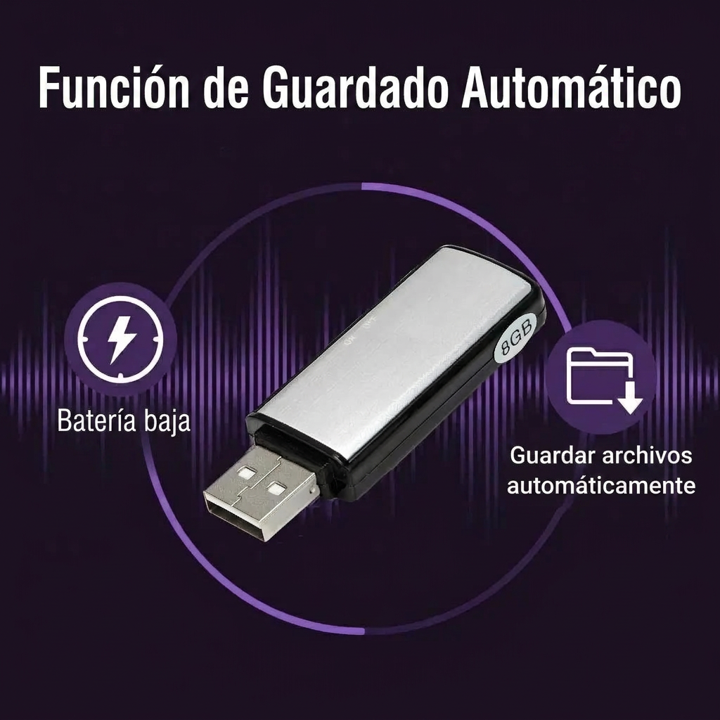 Unidad Flash USB Grabadora de Voz 2 en 1 – Activada por Voz, Reducción Inteligente de Ruido, Guardado Automático de Archivos