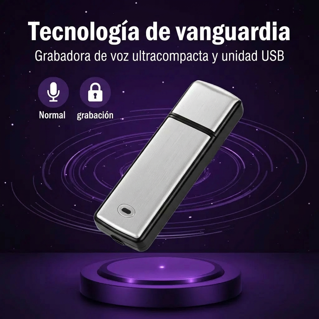Unidad Flash USB Grabadora de Voz 2 en 1 – Activada por Voz, Reducción Inteligente de Ruido, Guardado Automático de Archivos