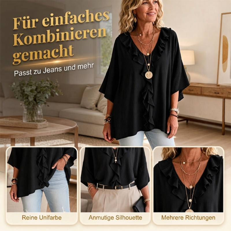 🏆 Verkaufsschlager – jetzt halber Preis! Lässige Damenbluse mit V-Ausschnitt und Rüschenbesatz-4