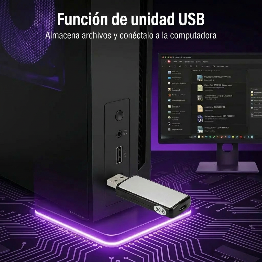 Unidad Flash USB Grabadora de Voz 2 en 1 – Activada por Voz, Reducción Inteligente de Ruido, Guardado Automático de Archivos