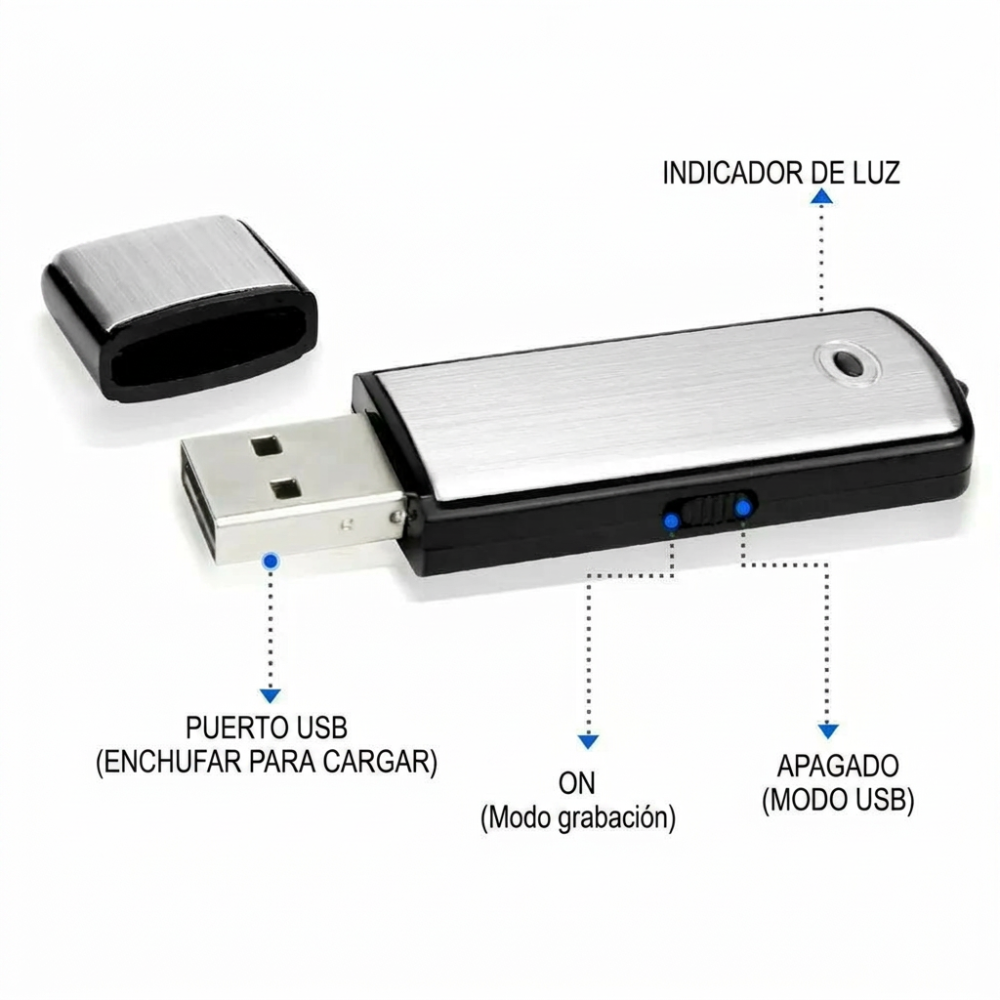 Unidad Flash USB Grabadora de Voz 2 en 1 – Activada por Voz, Reducción Inteligente de Ruido, Guardado Automático de Archivos