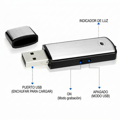 Unidad Flash USB Grabadora de Voz 2 en 1 – Activada por Voz, Reducción Inteligente de Ruido, Guardado Automático de Archivos