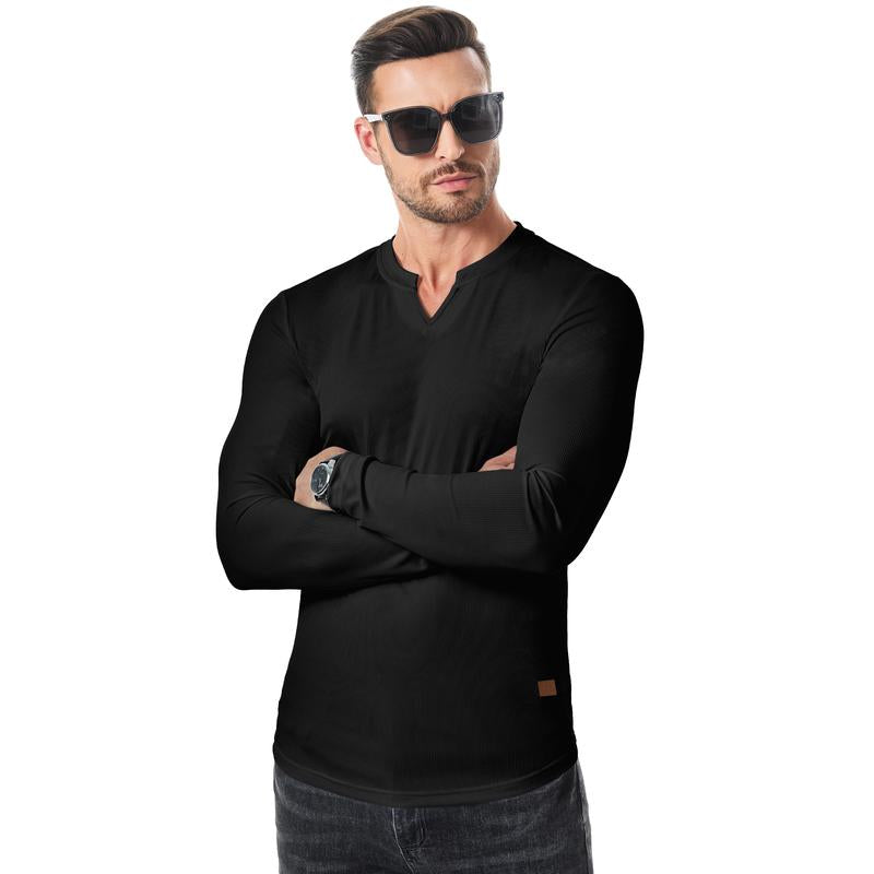 Herren-T-Shirt mit Stretch-Ripp🔥 – V-Ausschnitt, lange Ärmel, bequem-1
