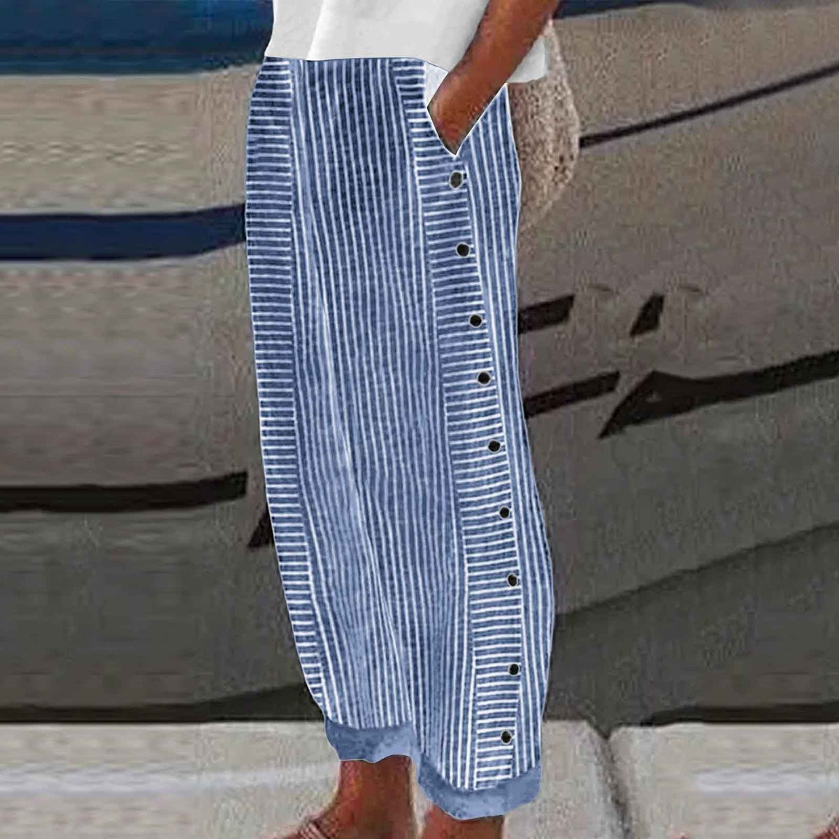 Bequeme blau gestreifte Hose mit Seitentaschen-11
