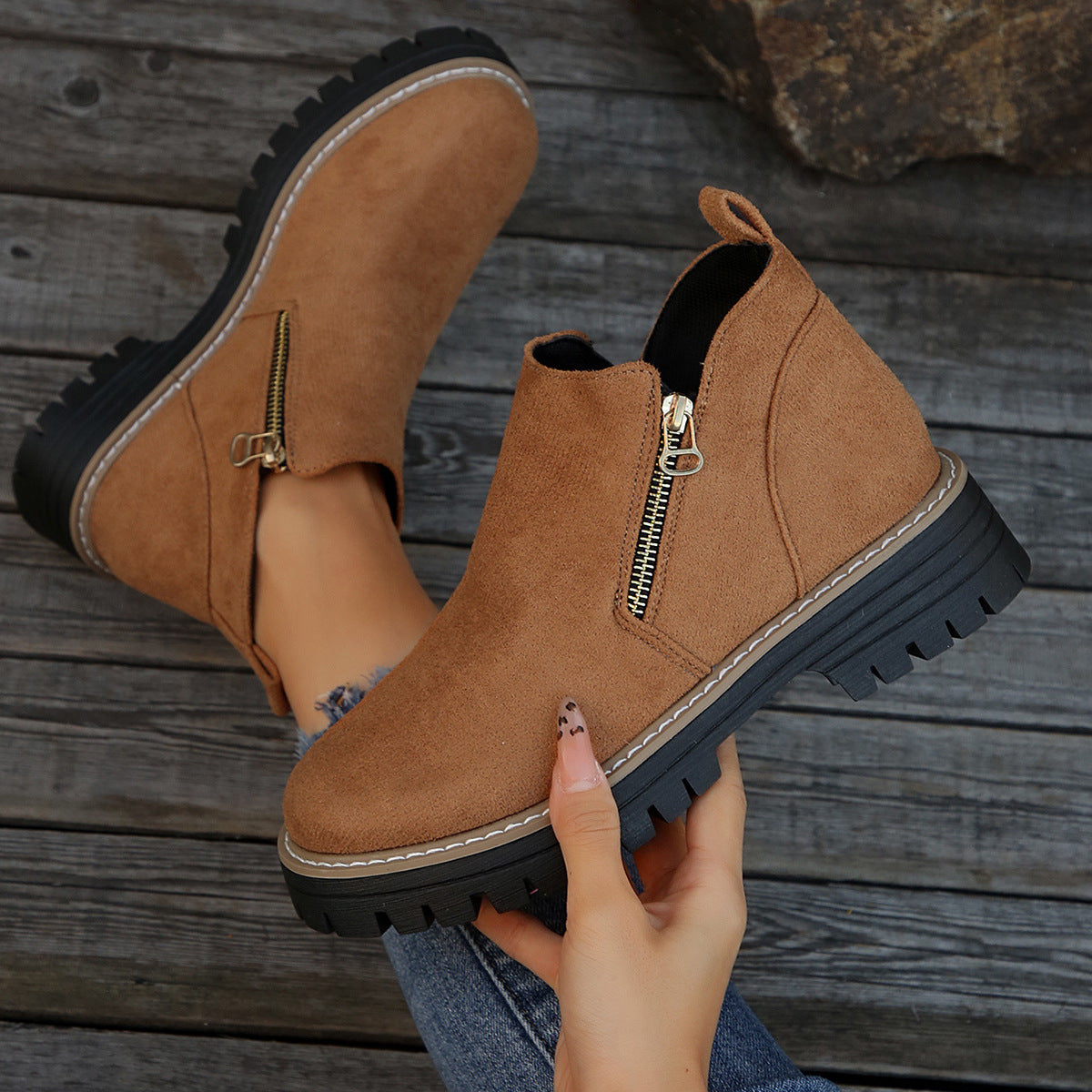 🥾 Damenschuhe trendig und komfortabel, runde Spitze mit Zip 🌟👢-13