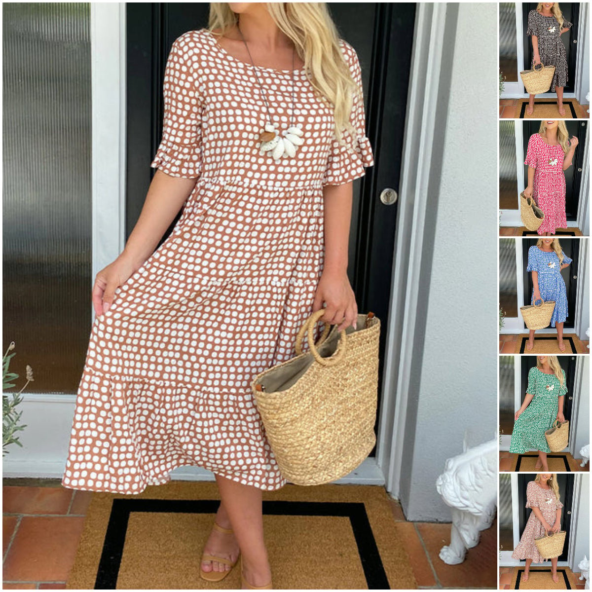 🎁Gran liquidación 2026: 50% de descuento🎁Vestido midi de cuello redondo con estampado de lunares