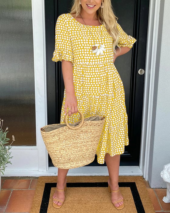🎁Gran liquidación 2026: 50% de descuento🎁Vestido midi de cuello redondo con estampado de lunares