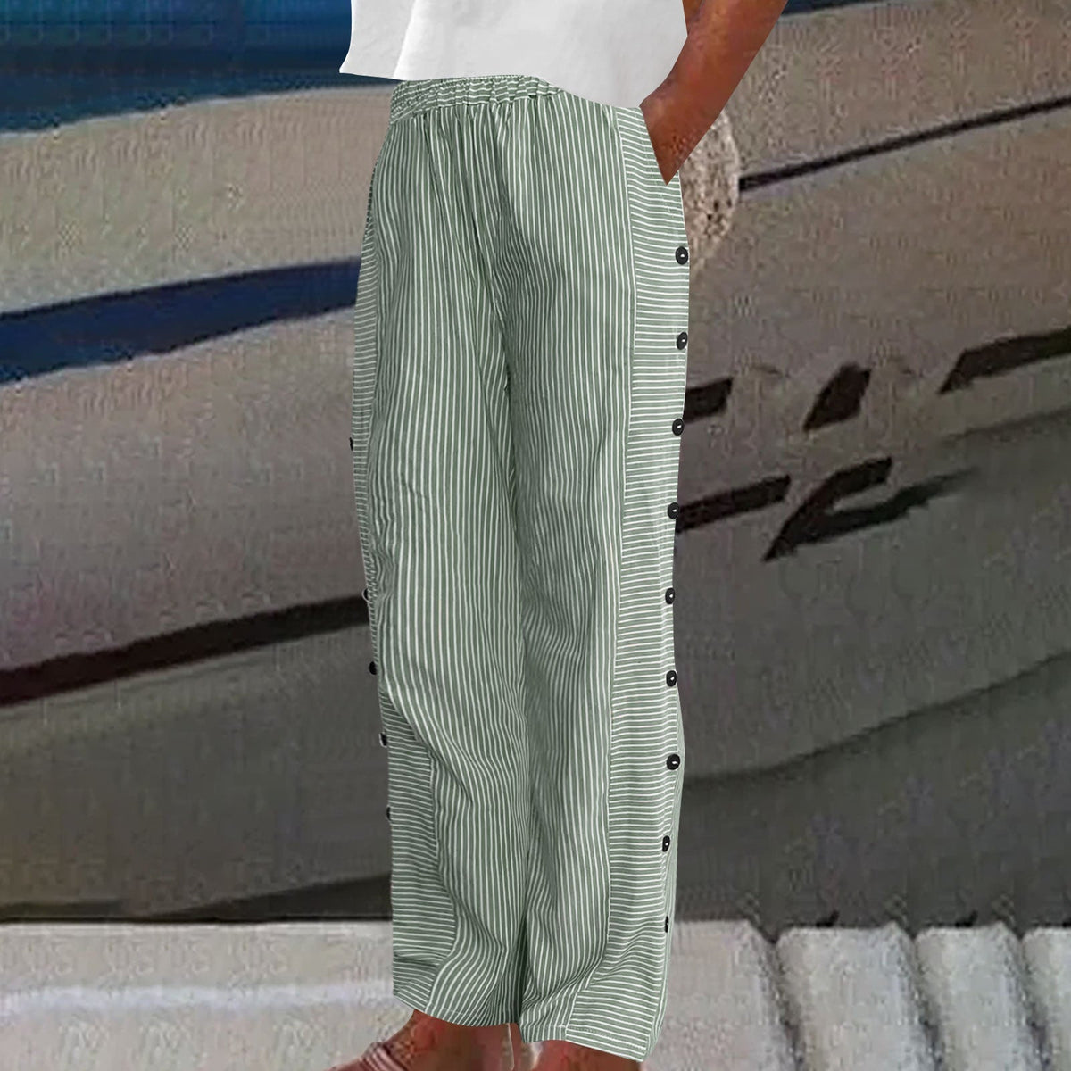 Bequeme blau gestreifte Hose mit Seitentaschen-12