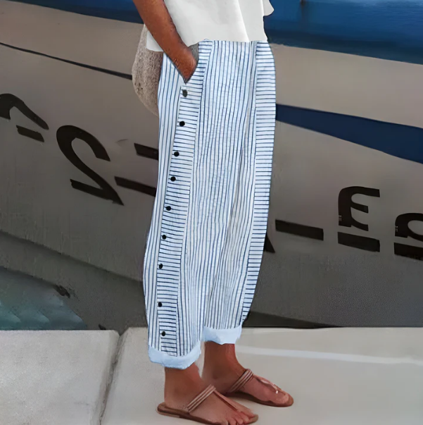 Bequeme blau gestreifte Hose mit Seitentaschen-10