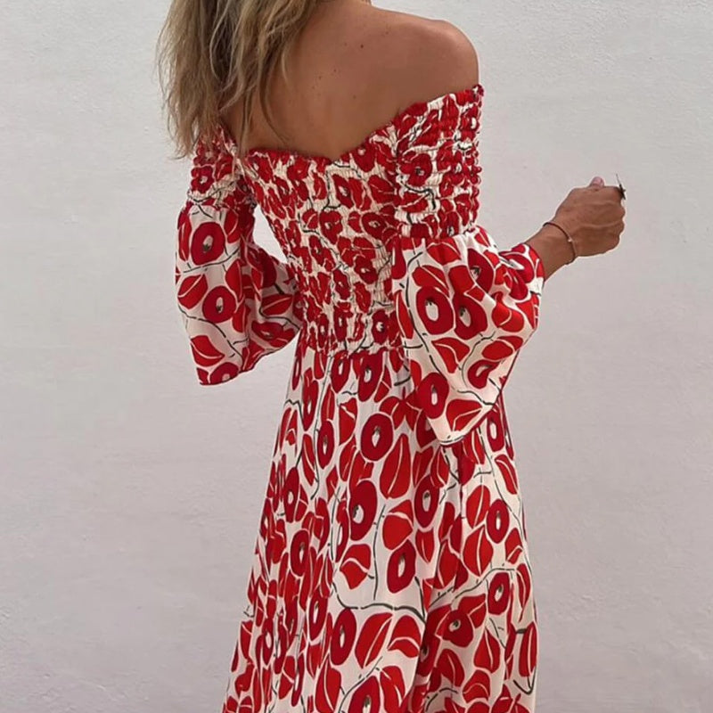 Close To The Vacation Floral Print Smocked Off Shoulder Pocketed Maxi Dress-2