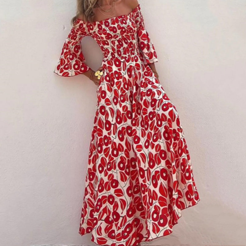Close To The Vacation Floral Print Smocked Off Shoulder Pocketed Maxi Dress-4
