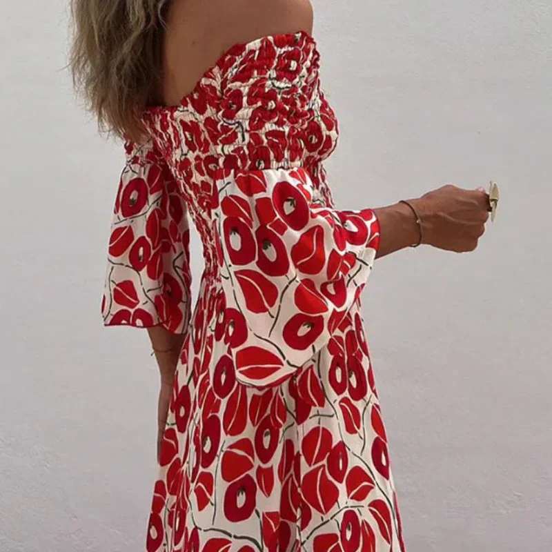 Close To The Vacation Floral Print Smocked Off Shoulder Pocketed Maxi Dress-5