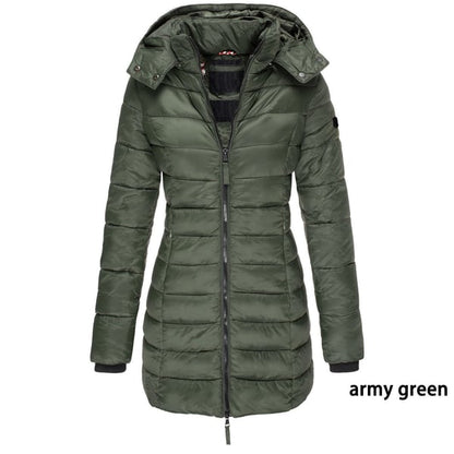 📢📢50% Rabatt + KOSTENLOSER VERSAND!!! 🎉✨ Mittellange wattierte Winterjacke für Damen – einfarbig & warme Kapuze