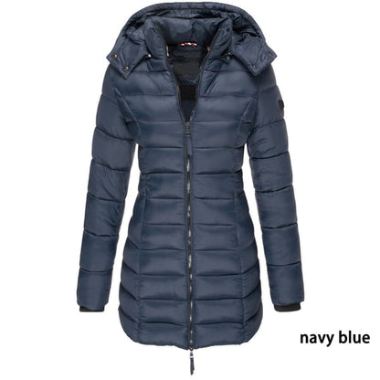 📢📢50% Rabatt + KOSTENLOSER VERSAND!!! 🎉✨ Mittellange wattierte Winterjacke für Damen – einfarbig & warme Kapuze