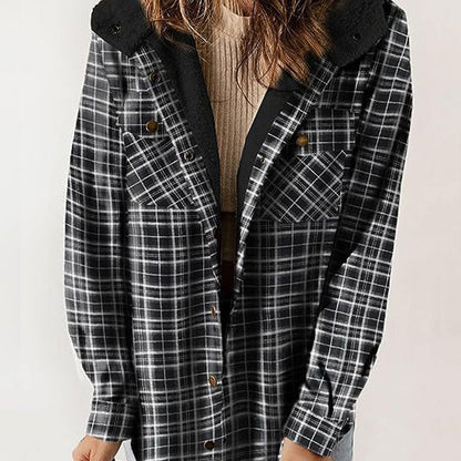 🔥Damen Herbst und Winter verdickter Flanell langärmelige karierte Kapuzenjacke-2