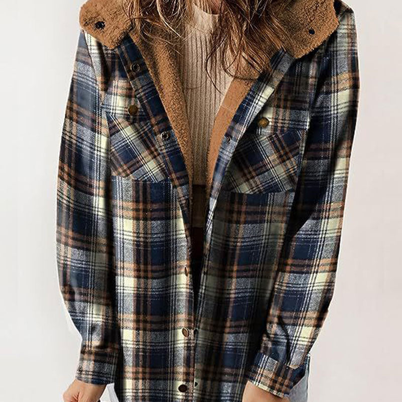 🔥Damen Herbst und Winter verdickter Flanell langärmelige karierte Kapuzenjacke-4