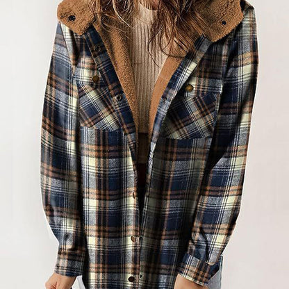 🔥Damen Herbst und Winter verdickter Flanell langärmelige karierte Kapuzenjacke-4