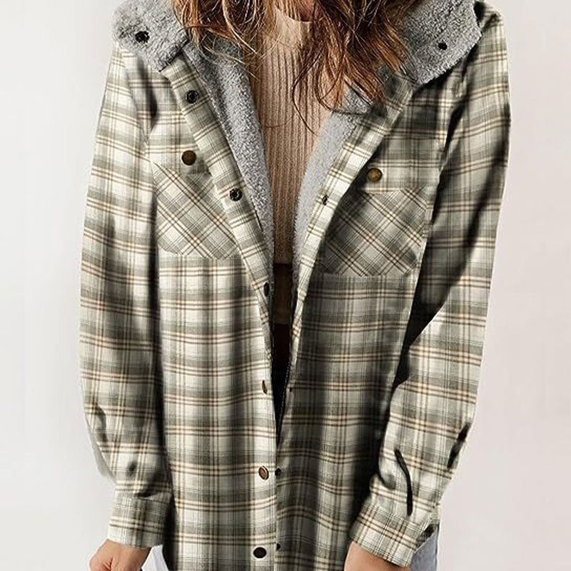 🔥Damen Herbst und Winter verdickter Flanell langärmelige karierte Kapuzenjacke-3