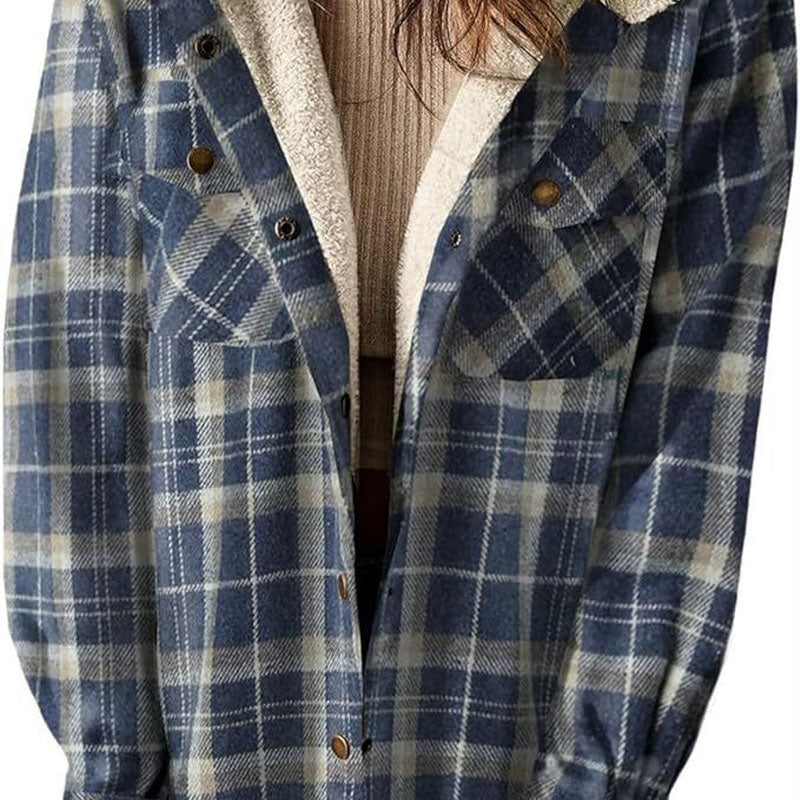 🔥Damen Herbst und Winter verdickter Flanell langärmelige karierte Kapuzenjacke-5