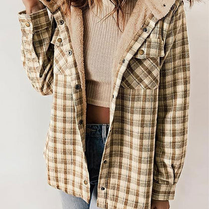 🔥Damen Herbst und Winter verdickter Flanell langärmelige karierte Kapuzenjacke-1